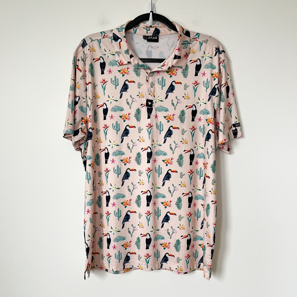 Bad Birdie Drippity Drip Toucan Cacti Tropical Performance Polo Shirt Mens Large
